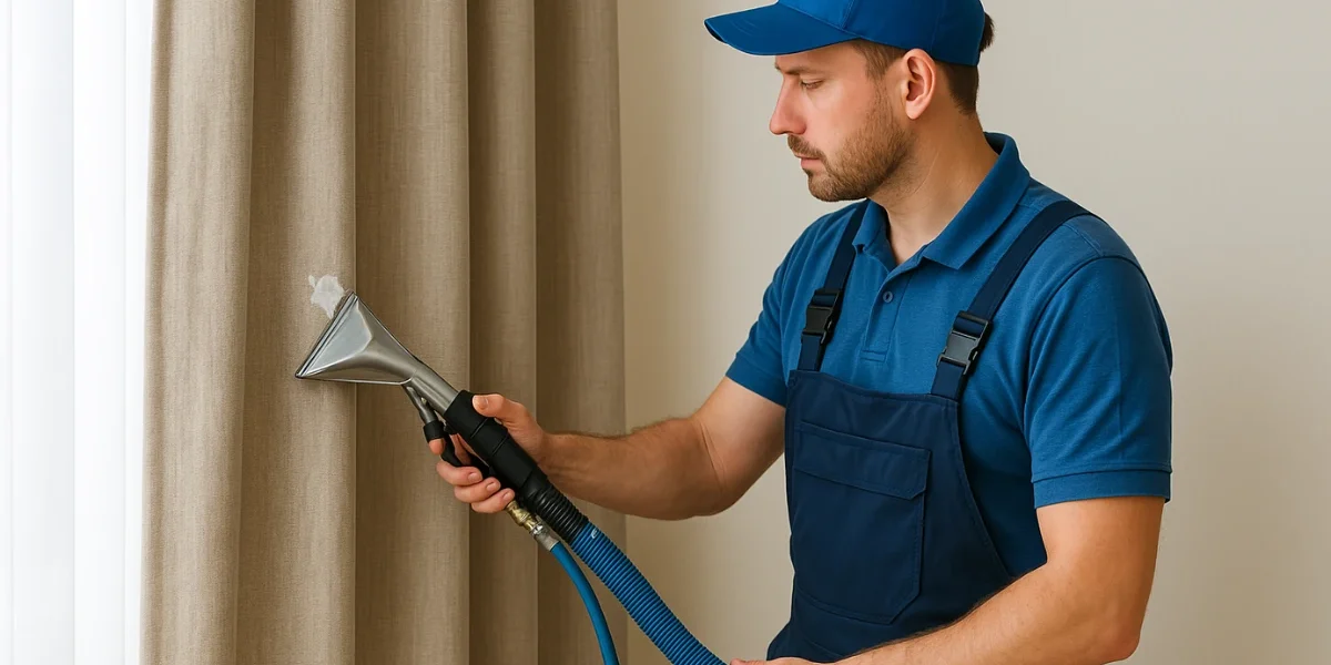 "Professional curtain cleaner using a steam cleaning tool to remove candle wax from beige curtains in a sunlit room.