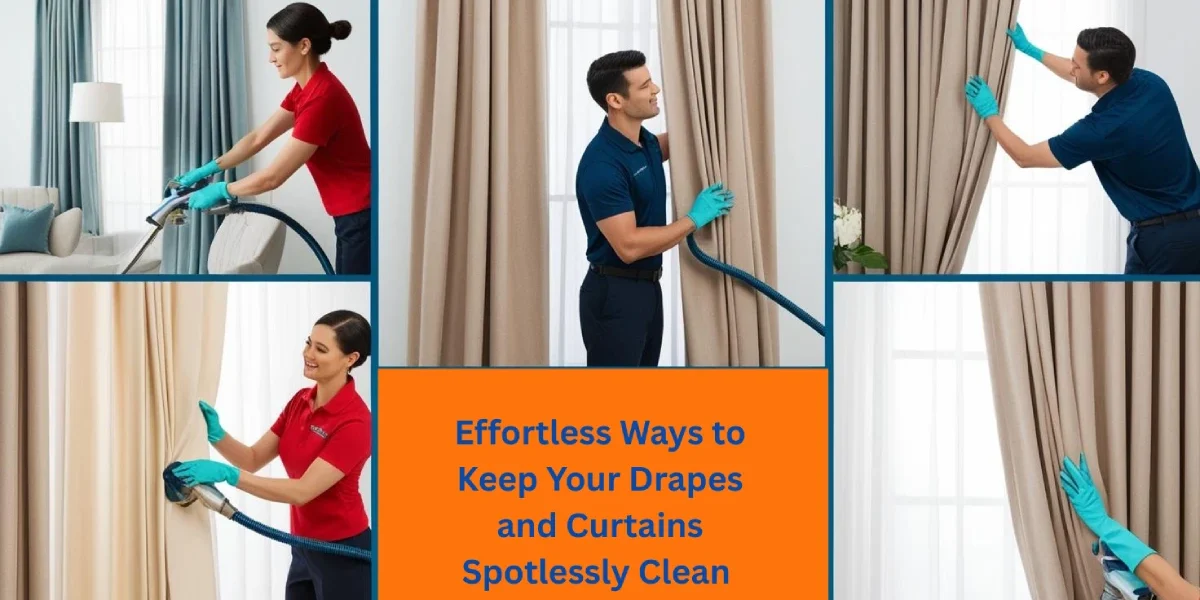 Professionals cleaning drapes and curtains using vacuum tools in various home settings.